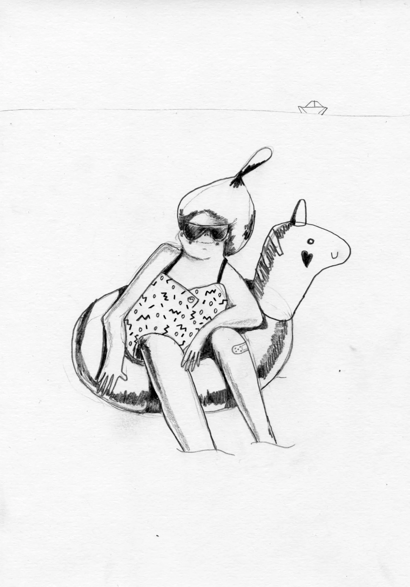 Girl in a printed swimsuit rides a unicorn ring on flat water, a paper boat on the horizon