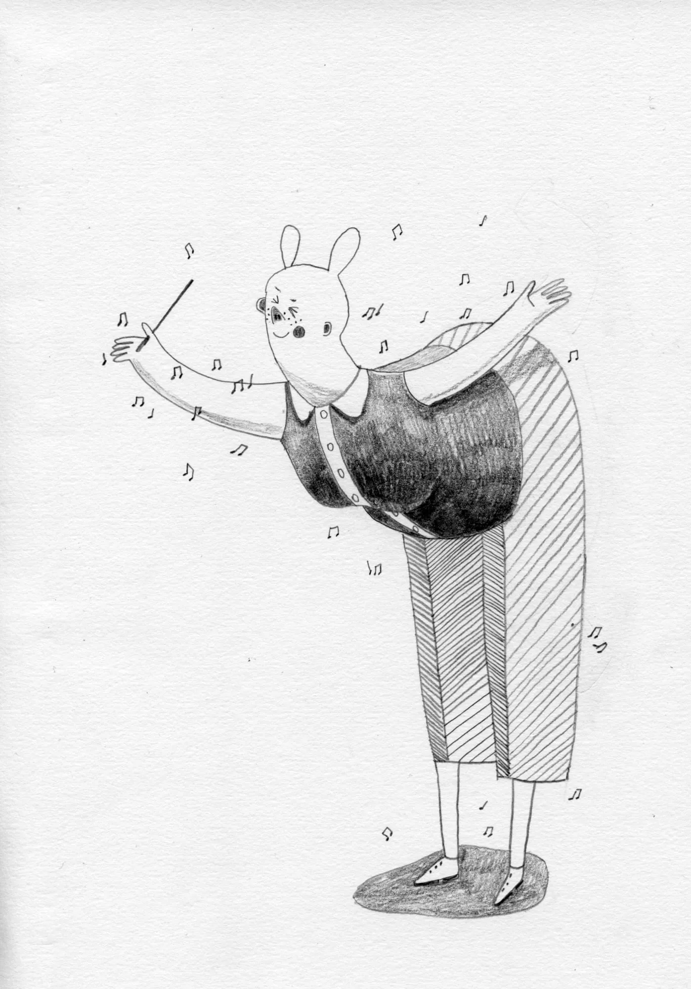 Woman in a rabbit-ear headband conducts with a baton, arms wide among floating music notes