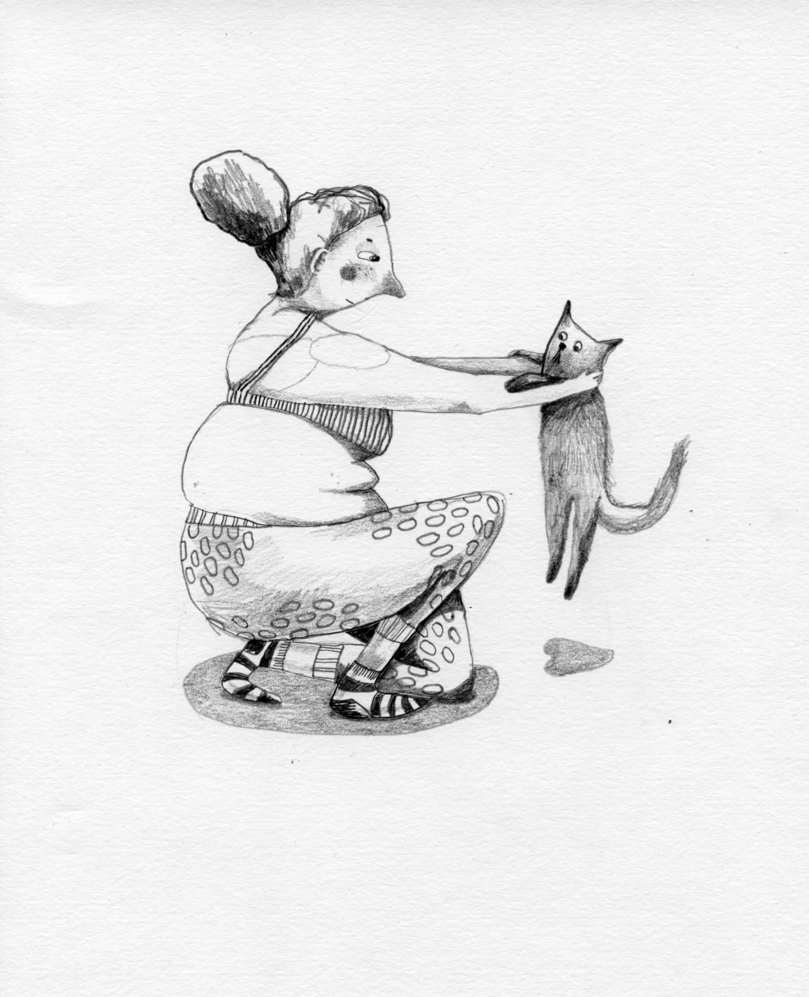 Pencil study of a woman crouching in gym clothes, lifting a cat up by its front paws
