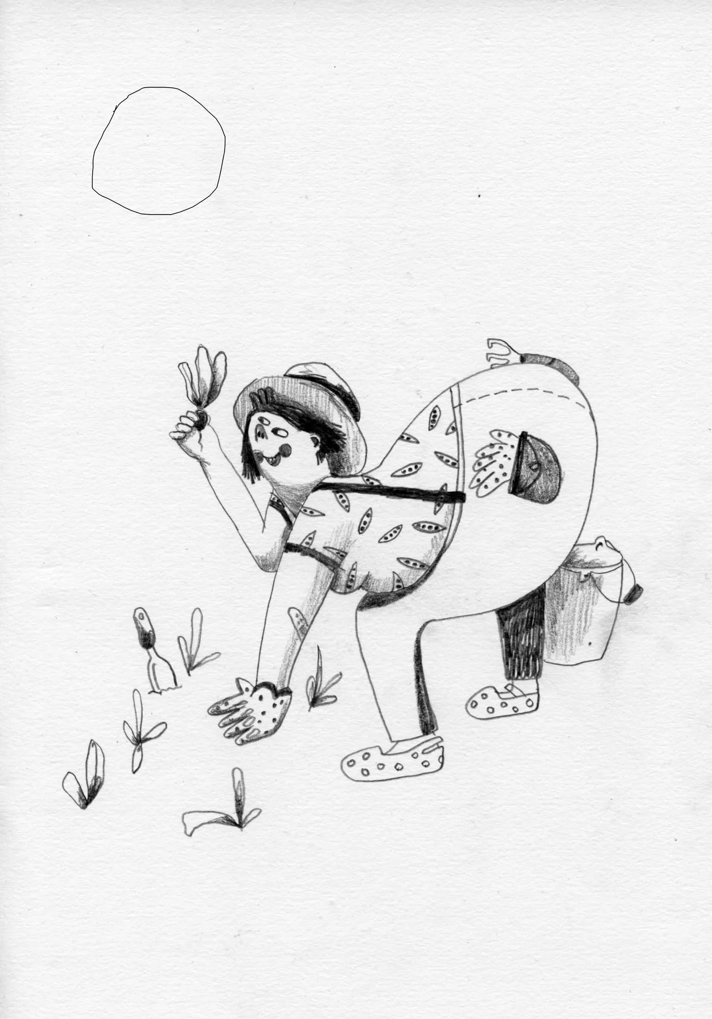 Woman in a sun hat bends low to pick flowers, a bucket hanging behind her under a pale sun