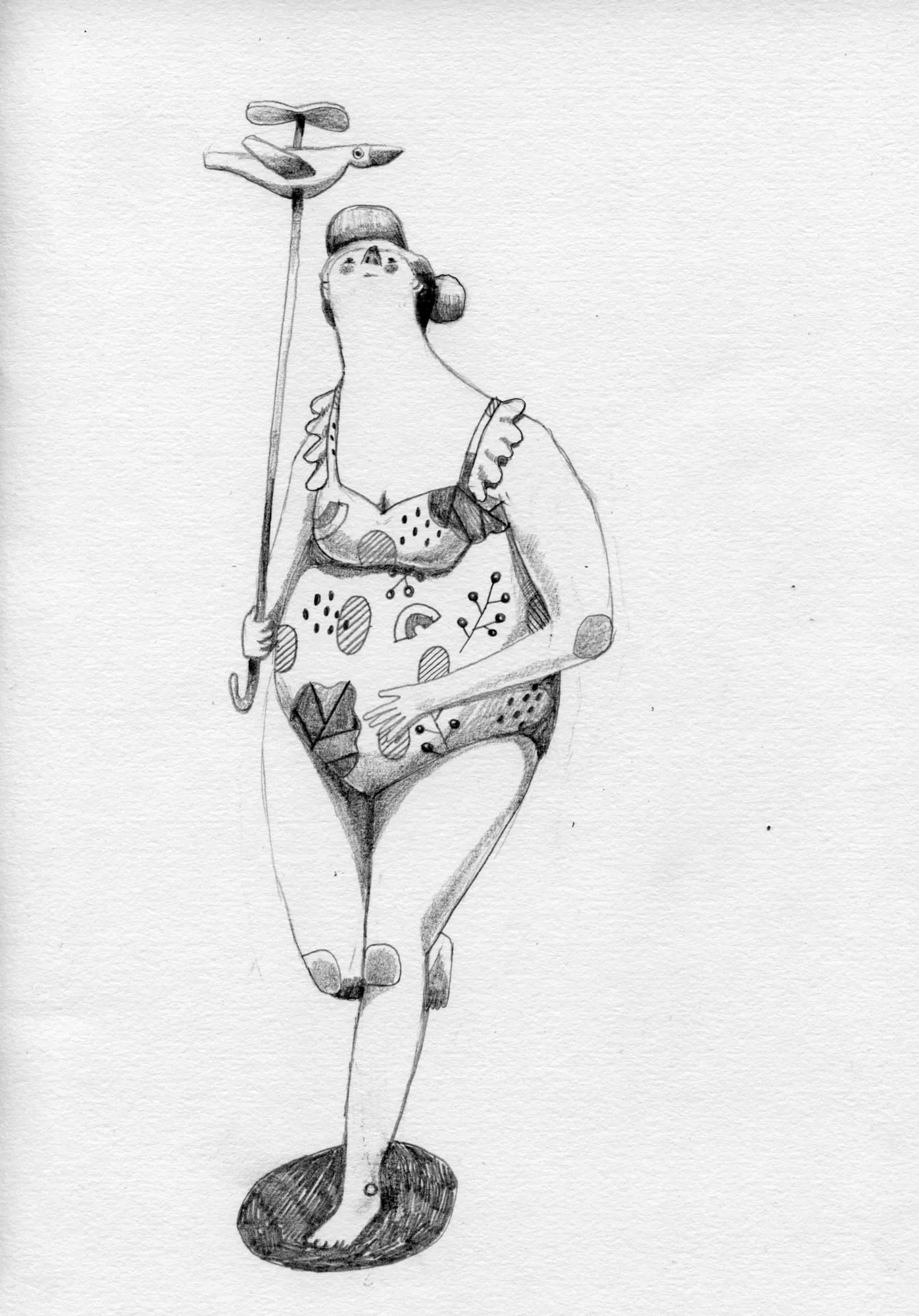 Pencil study of a bather in a patterned swimsuit leaning on a walking stick topped by a bird