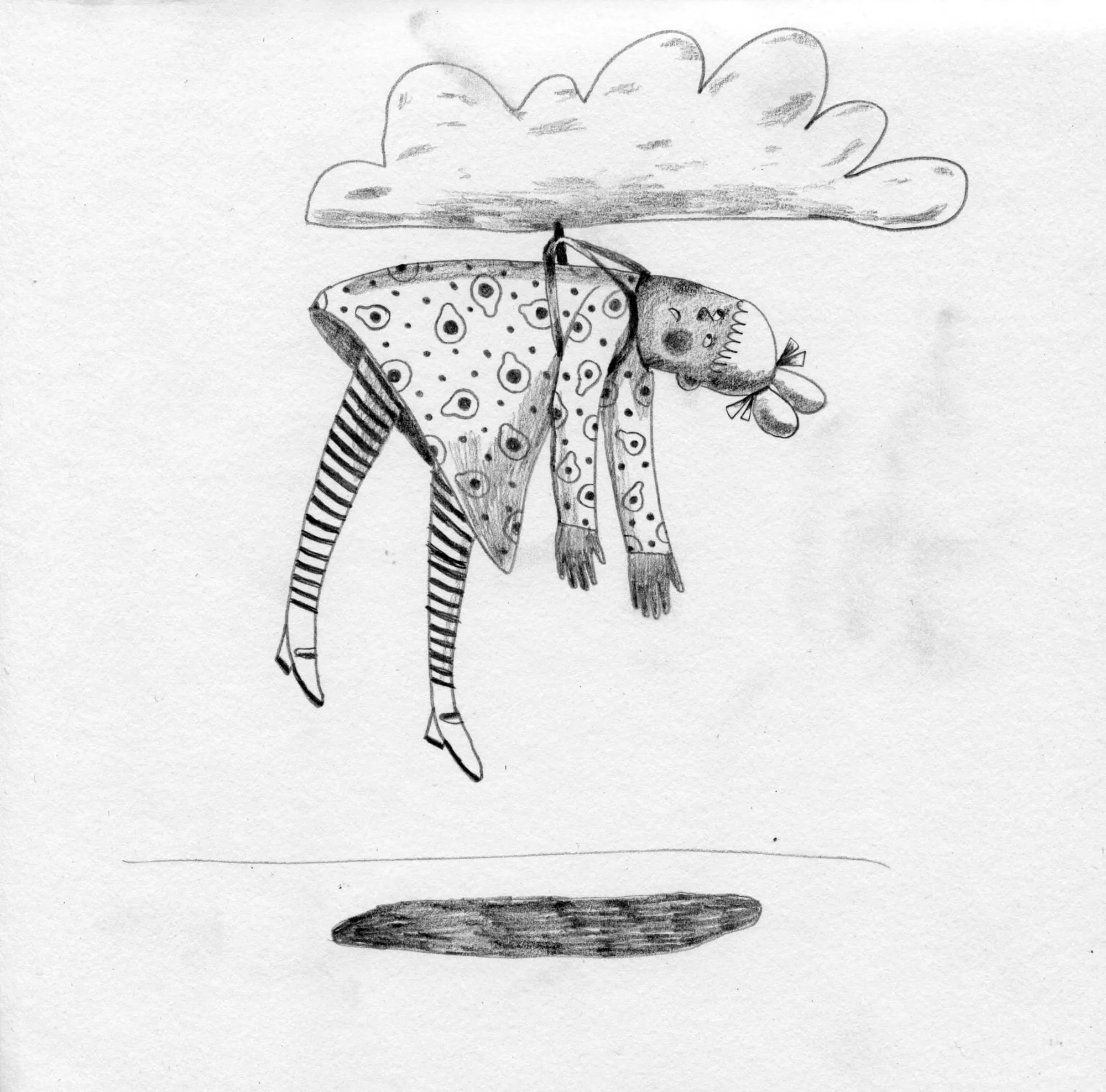 Woman in a spotted dress and striped tights draped limply over a cloud, arms hanging down
