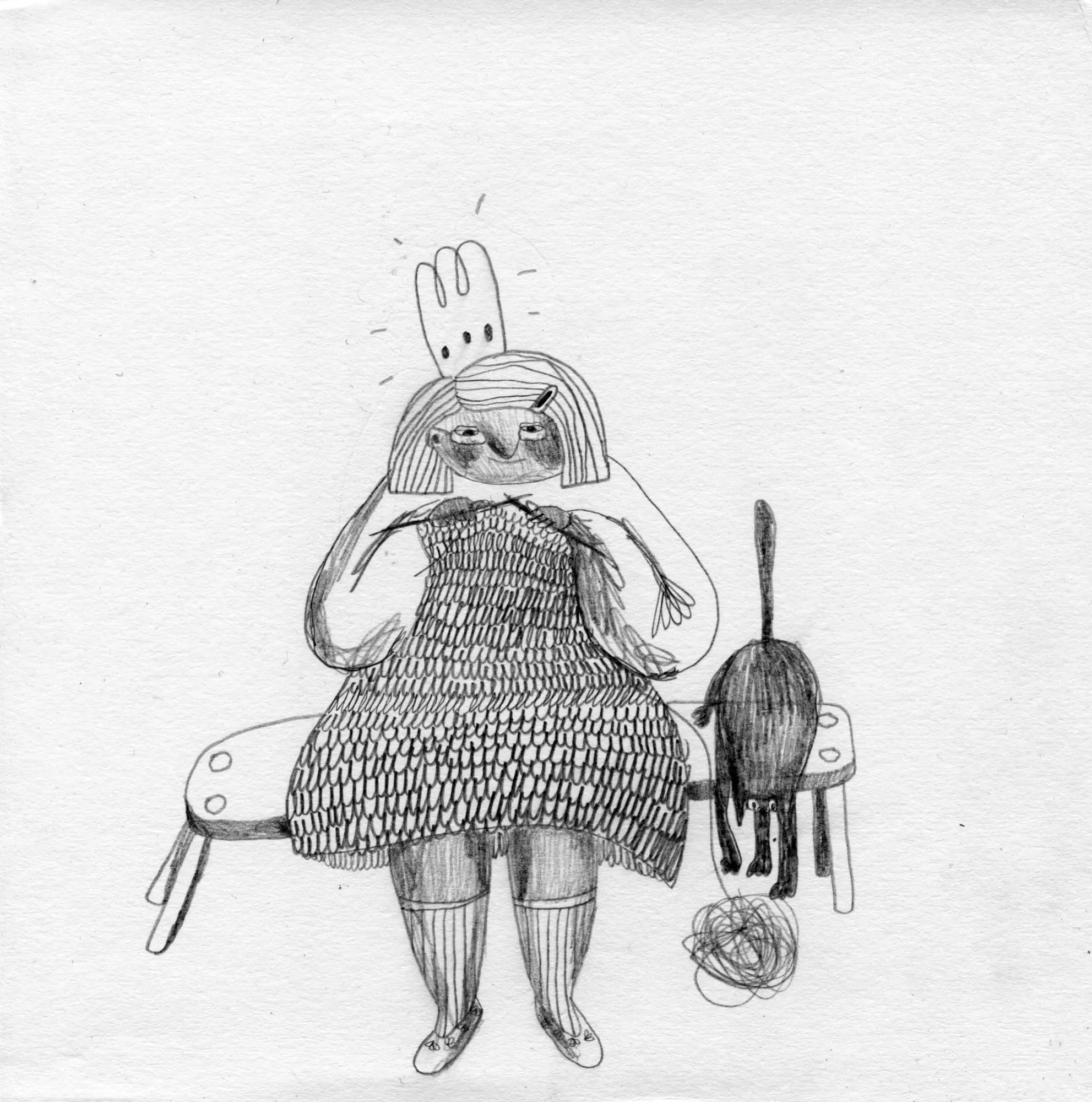 Woman in a knitted dress holds her head as a black cat unravels her hem into a ball of yarn