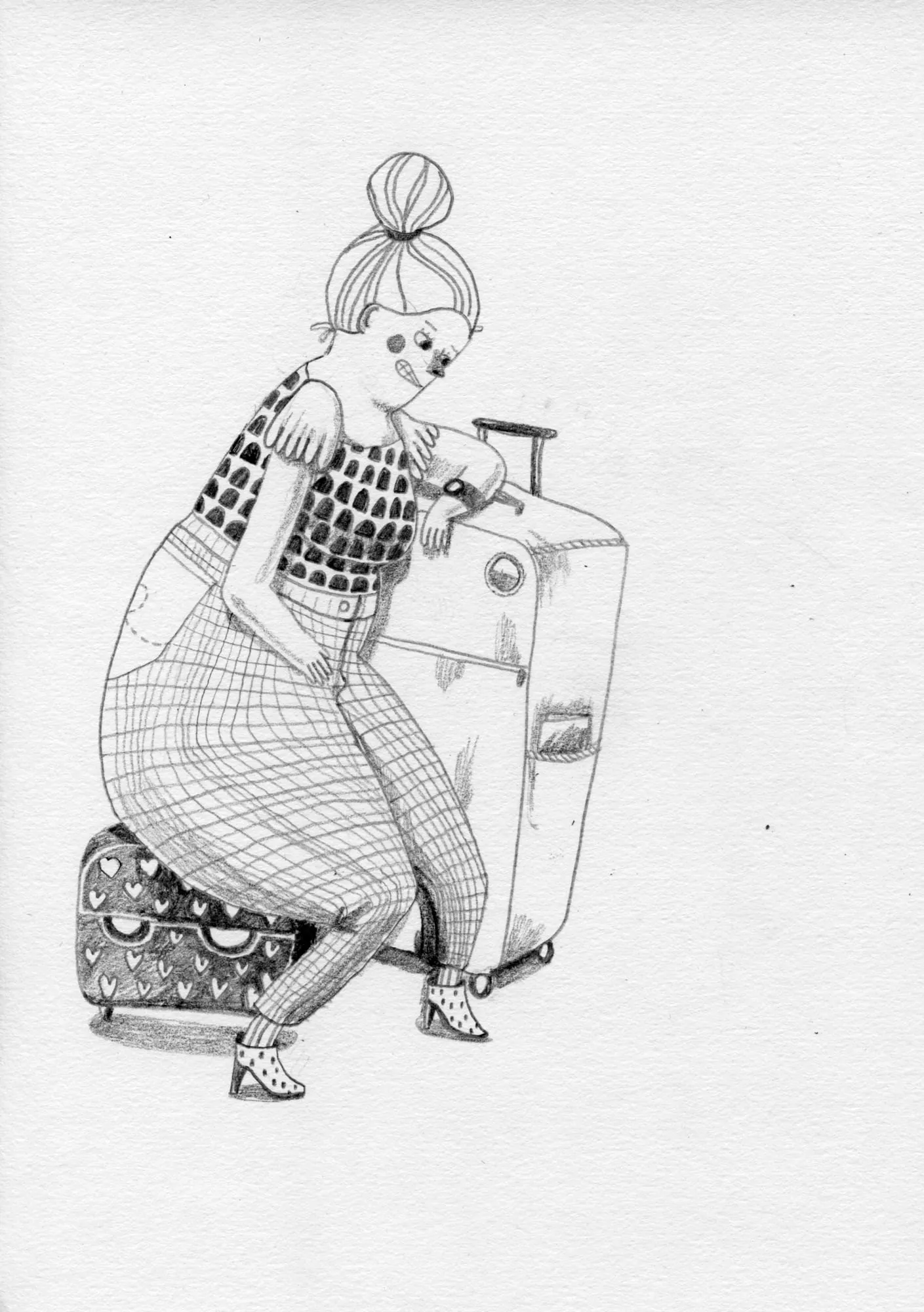 Woman in a checked top perches on a patterned trunk, leaning on a big wheeled case with a round window