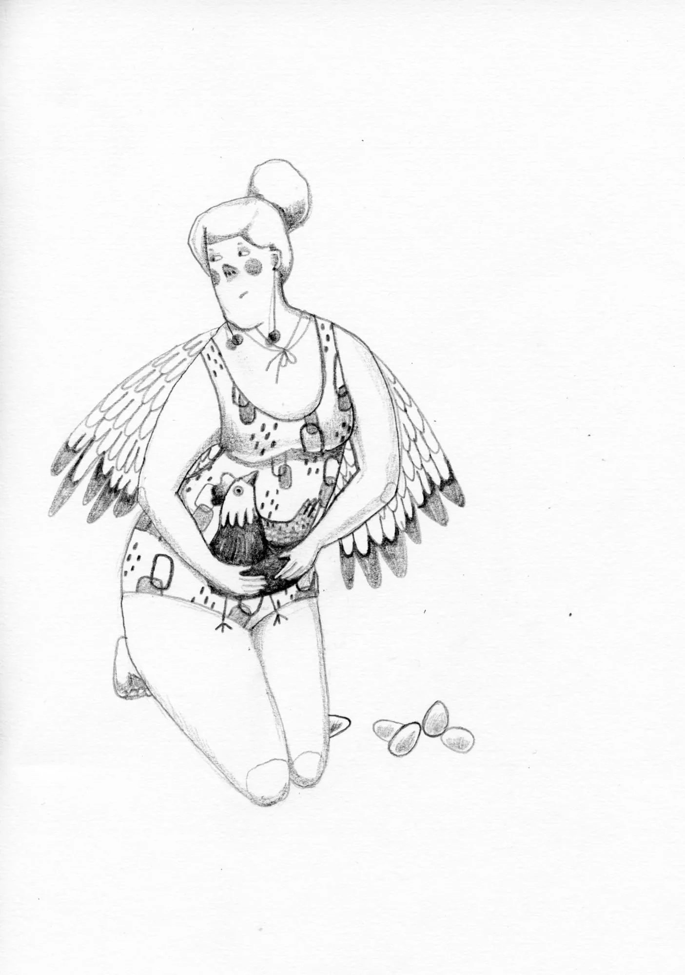 Pencil study of a kneeling woman with feathered wings cradling a hen, three eggs on the ground