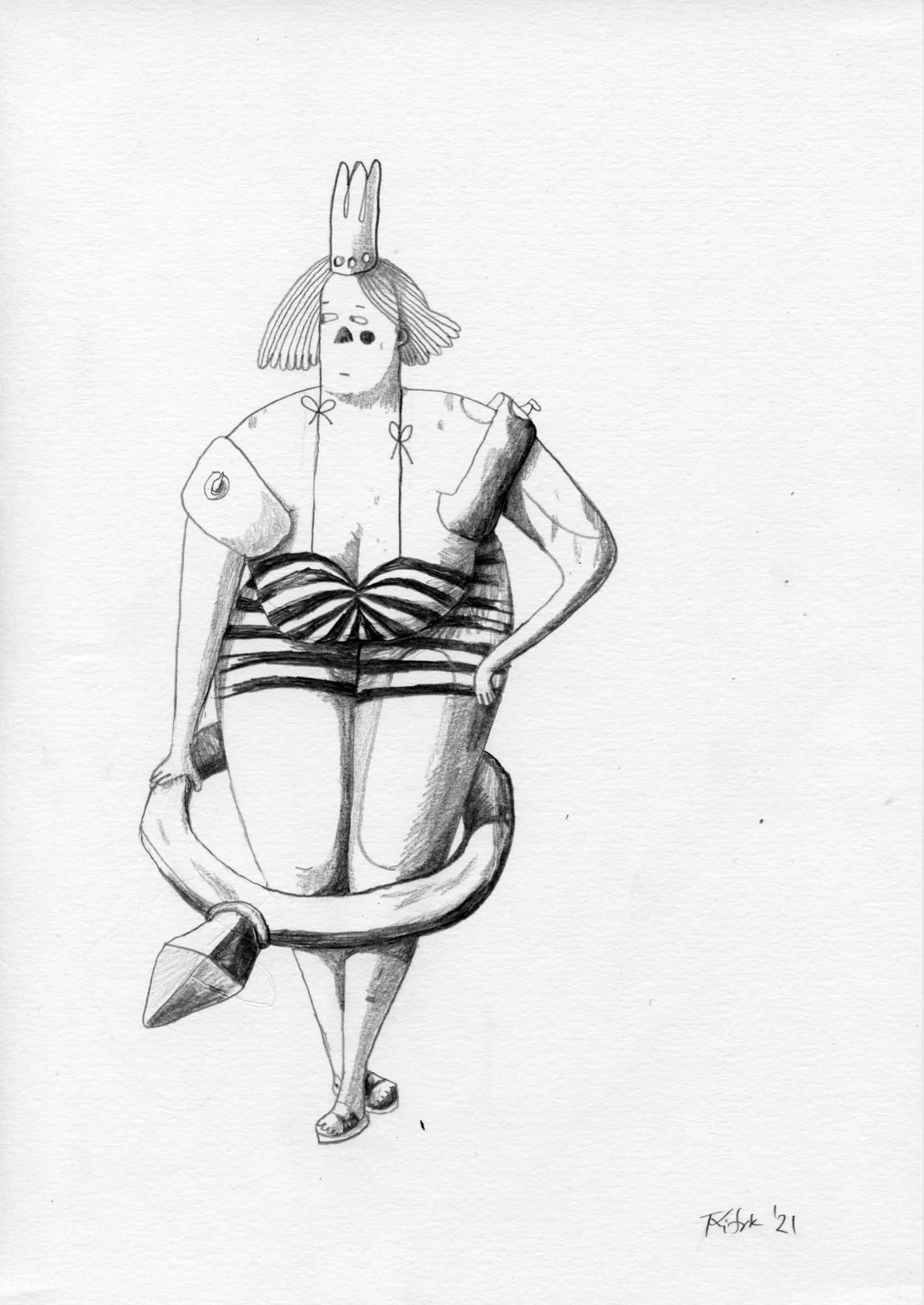 Pencil study of a bather in a striped swimsuit, a swim ring at her hips and an anchor at her feet