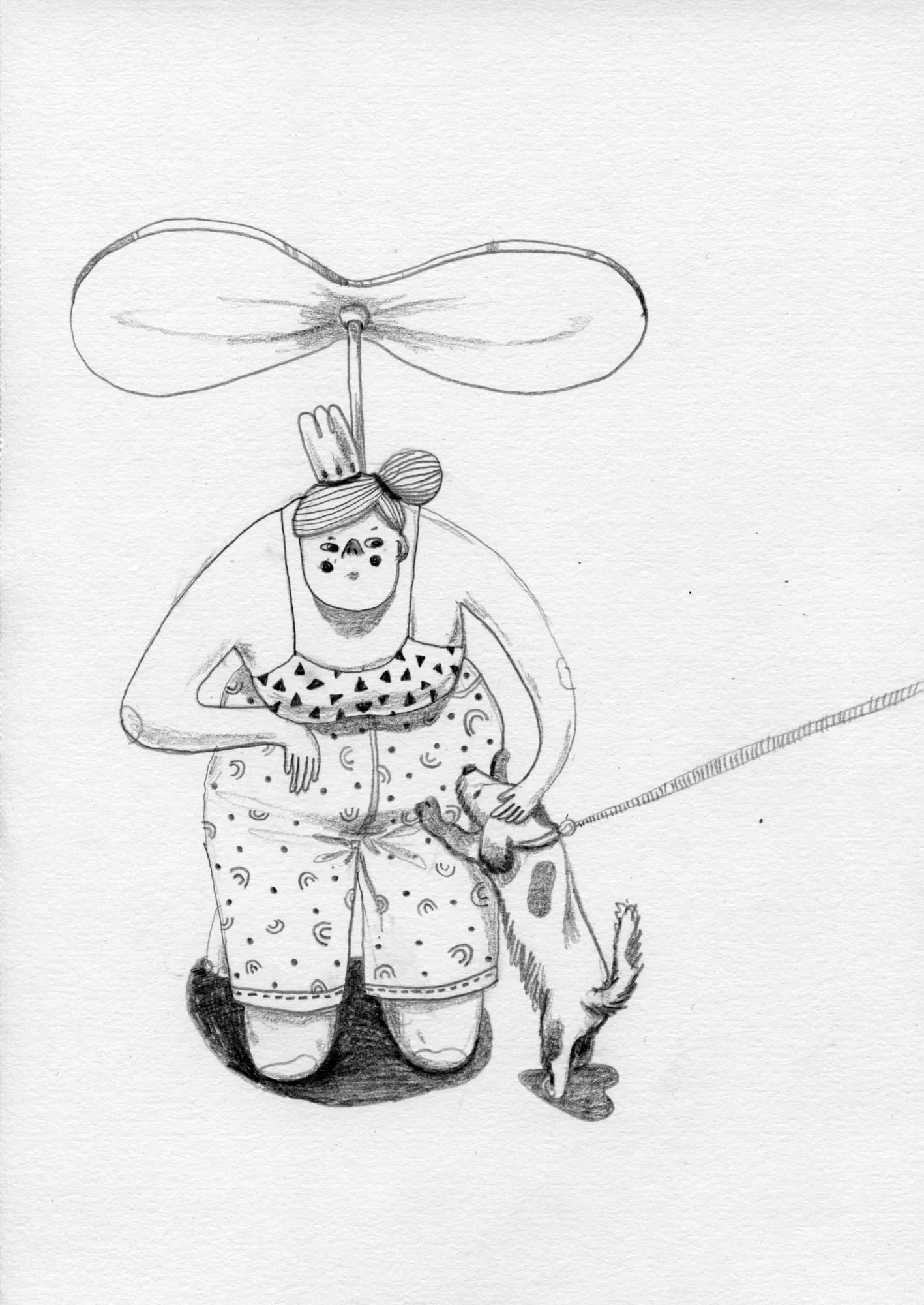 Woman with a helicopter rotor spinning above her head, walking a small dog straining on its lead