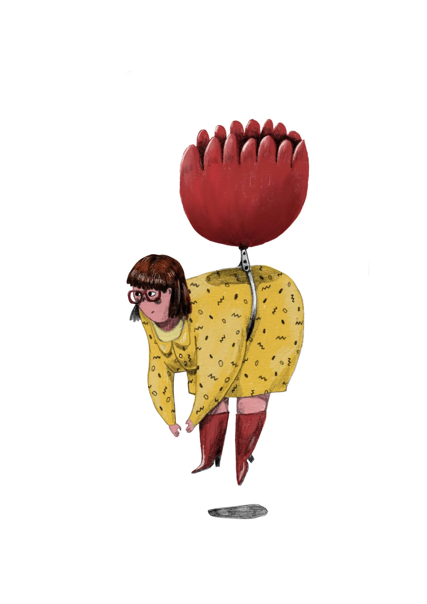 Woman in a yellow coat and red boots floats down beneath a giant red tulip opened like a parachute