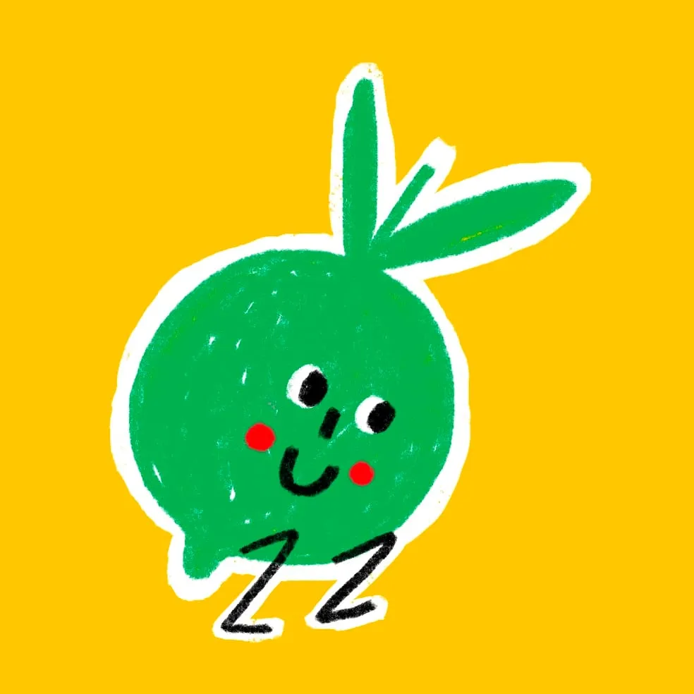 Green lime with two pointed leaves, red cheeks and sharp zigzag legs