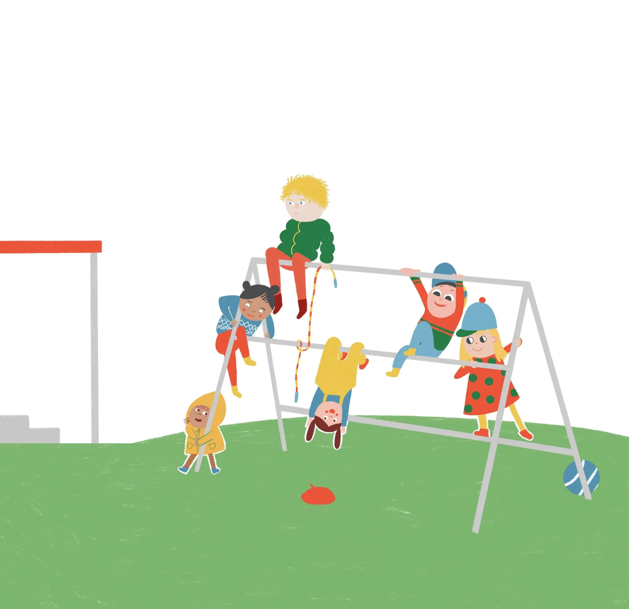 Six children climb, sit and hang upside down on a grey metal climbing frame on green grass