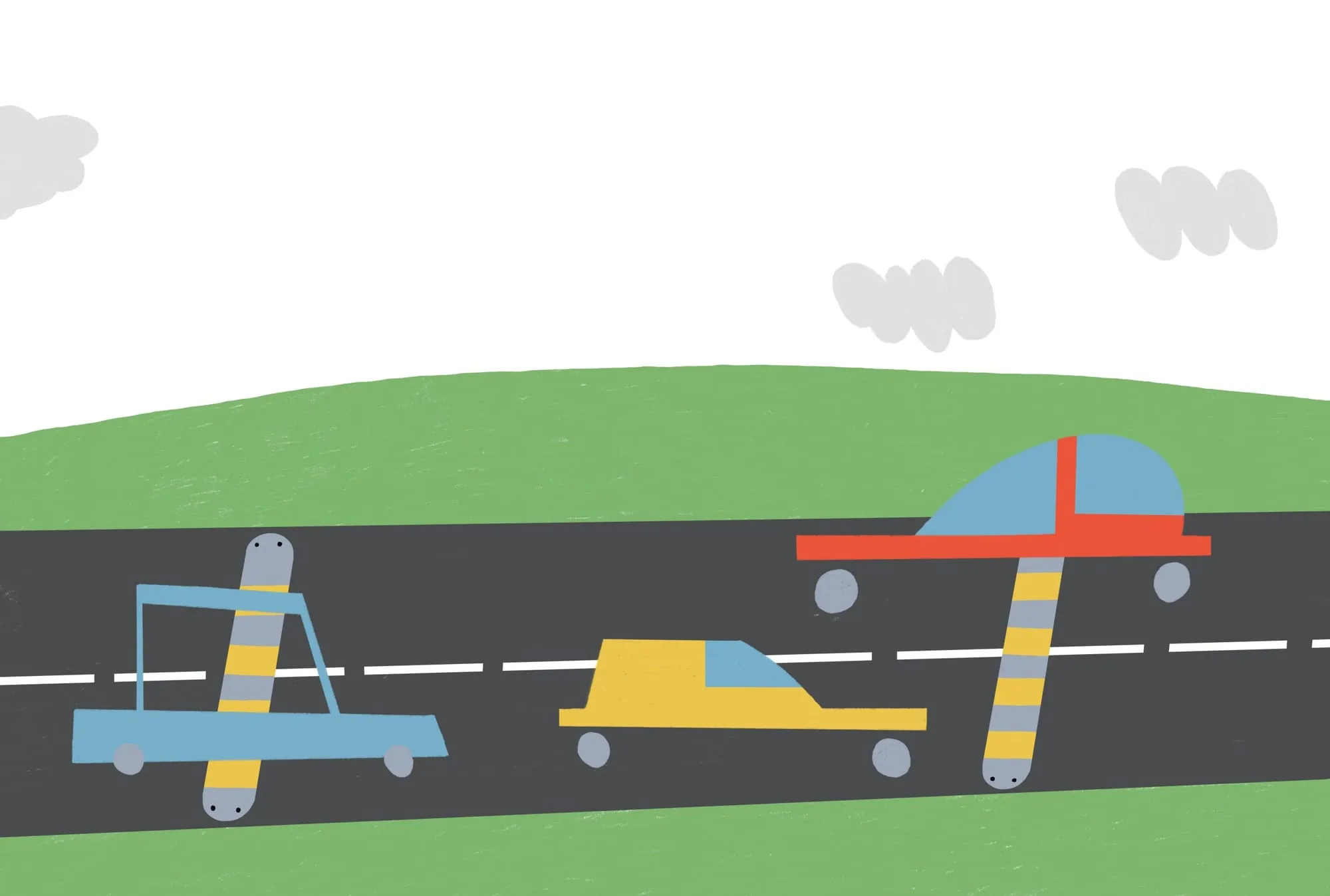 Blue, yellow and red cars on a grey road, striped poles with little faces lying across them