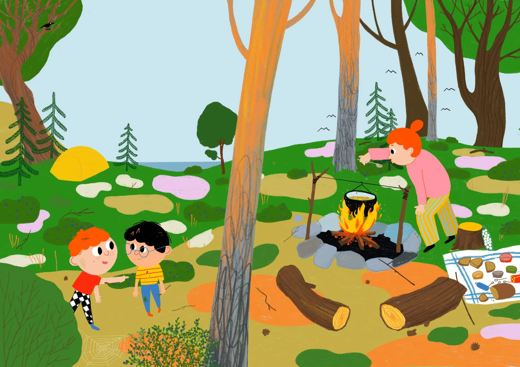 Two boys watch a red-haired woman stir a pot over a campfire, picnic cloth spread nearby