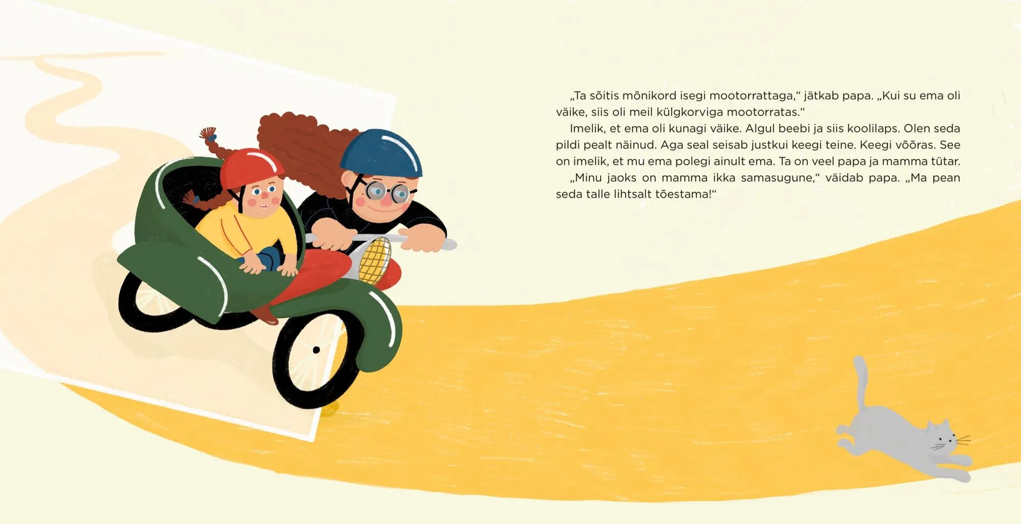 Curly-haired rider in a blue helmet and round glasses steers a motorcycle carrying a small girl in its sidecar