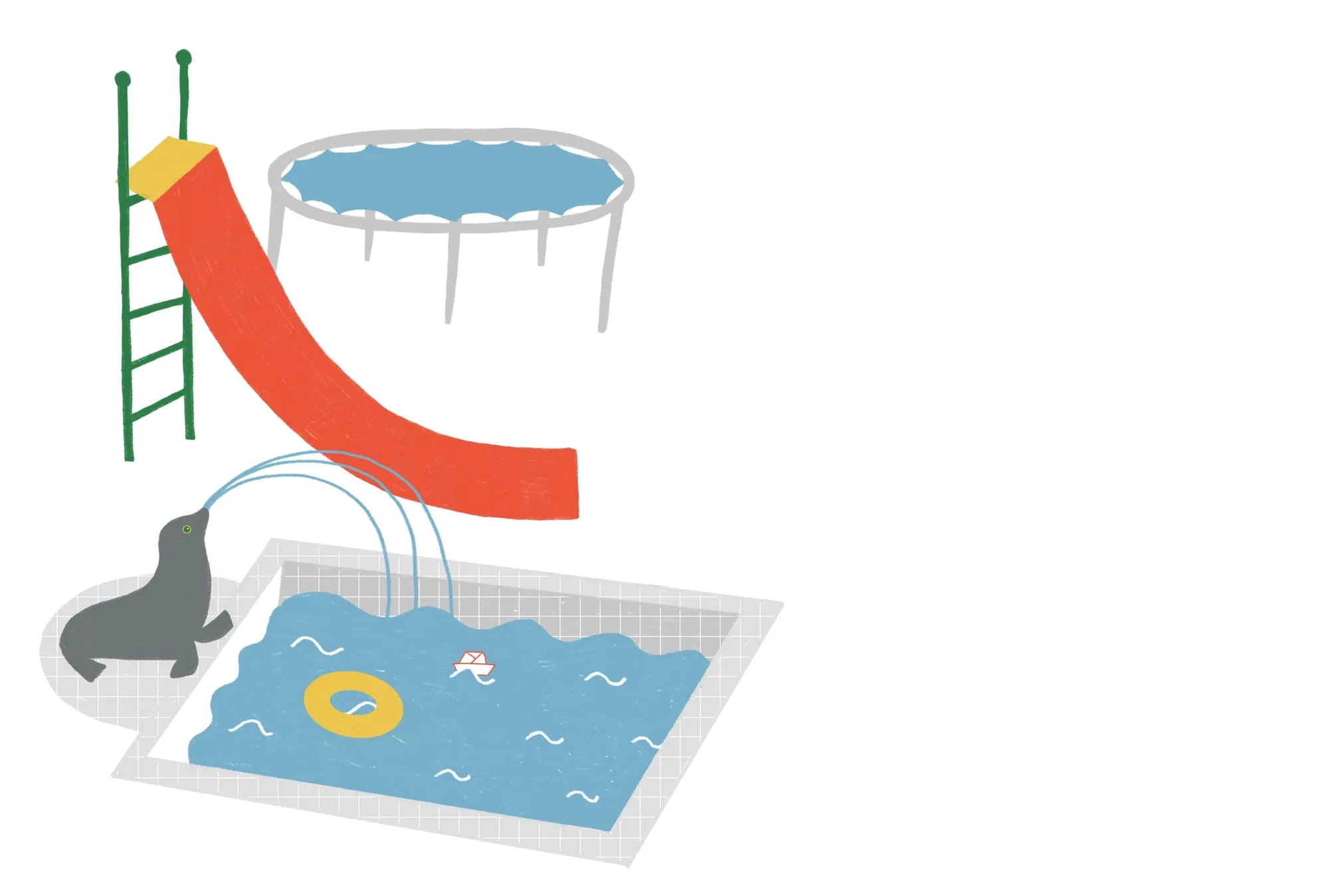 A grey seal spouts water into a tiled paddling pool beside a red slide and a trampoline