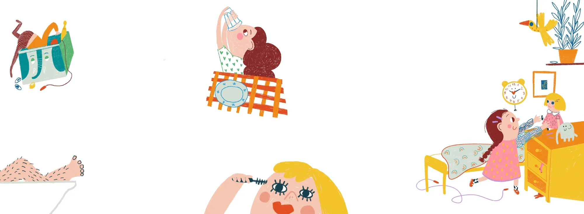 Scattered scenes of getting ready, from a plate on the drying rack to a girl beside a yellow dresser