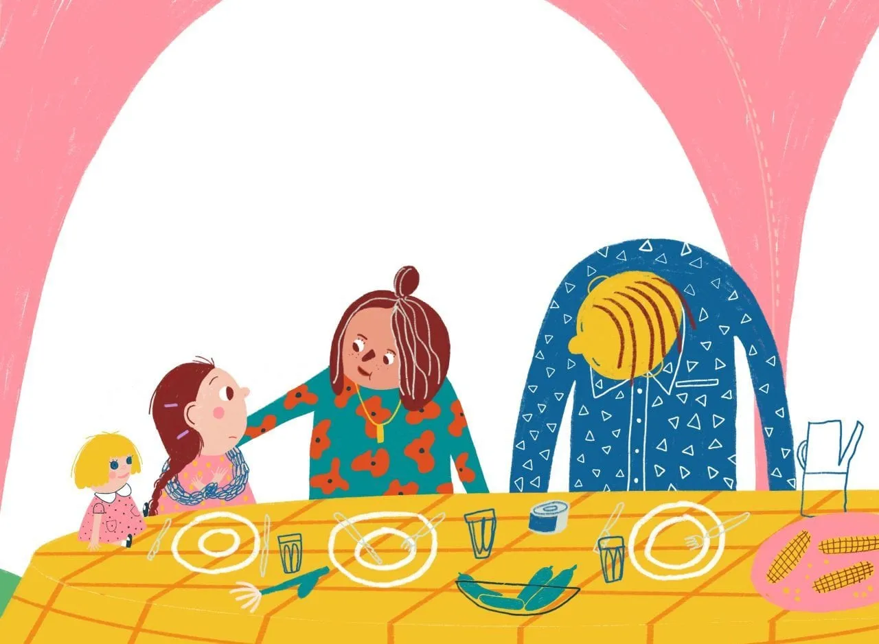 A woman comforts a braided girl at a laid yellow dinner table under pink curtains