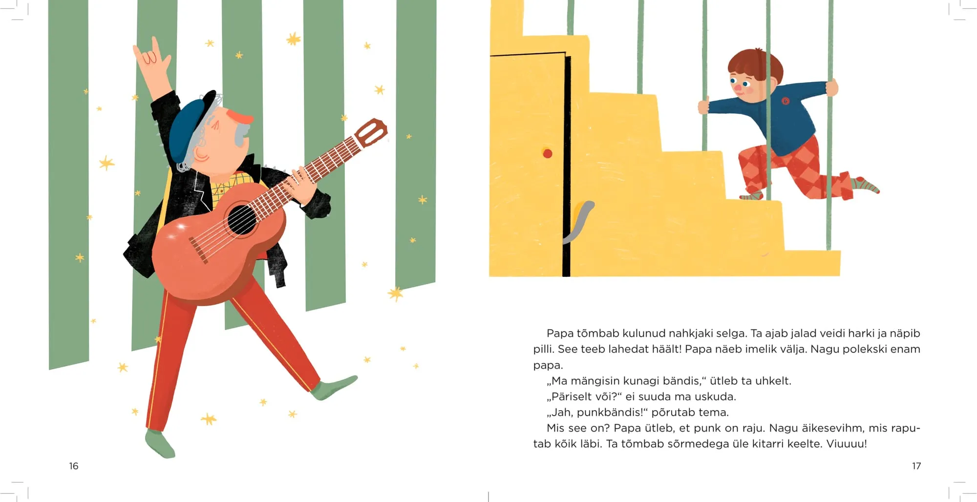 A boy in red harlequin trousers bounds down bright yellow stairs, gripping the green railing