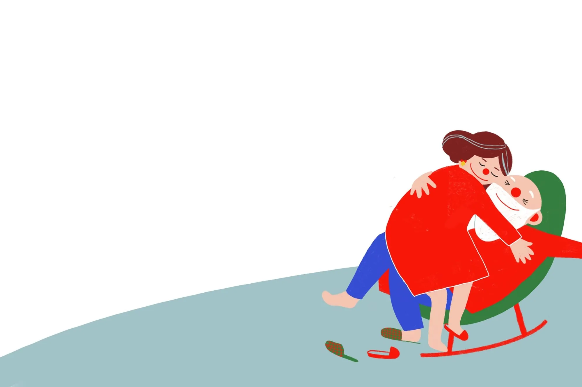 A woman in a red dress curled into a green rocking chair, hugging a white-bearded elf, slippers kicked off