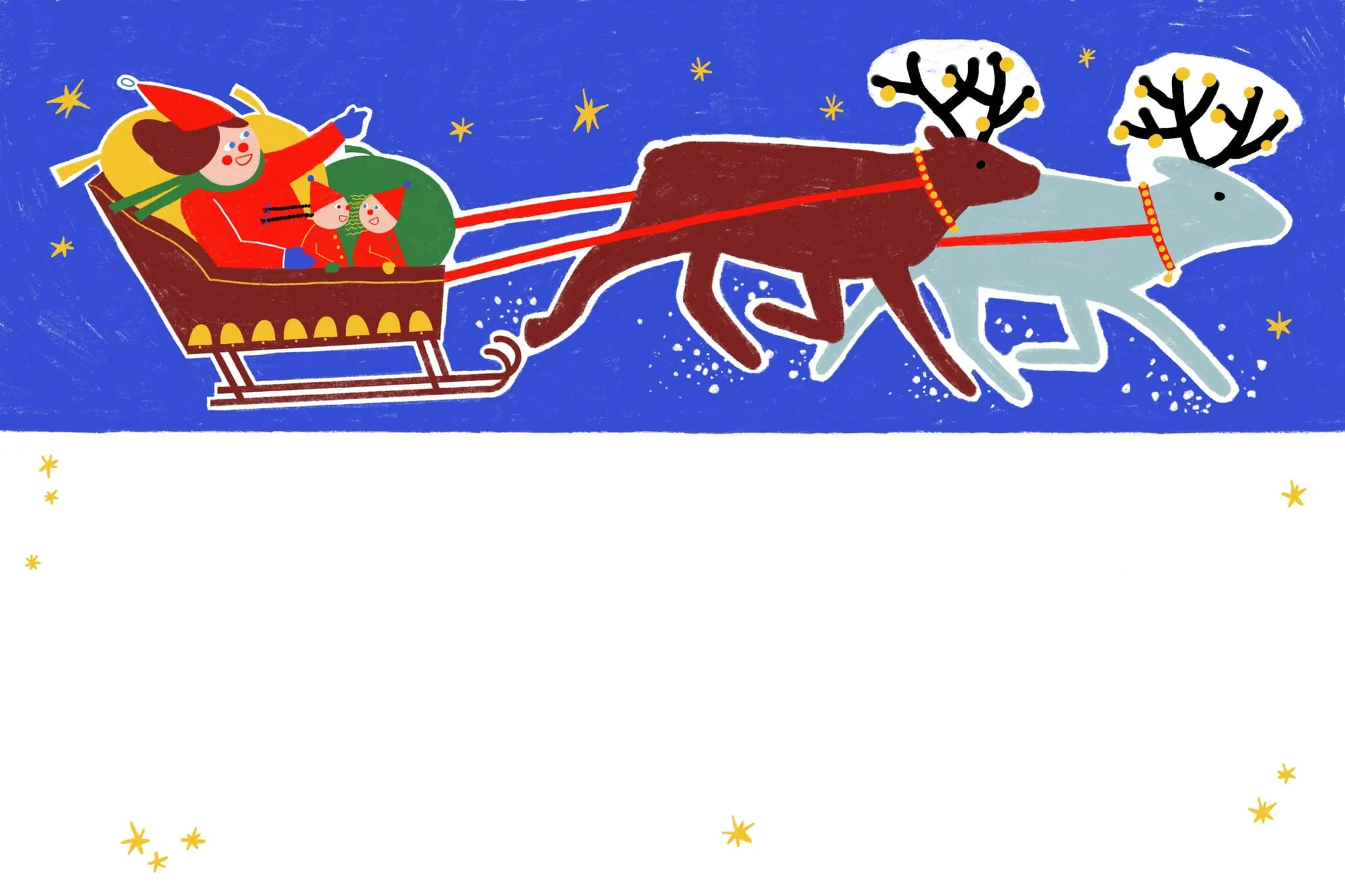 Two reindeer pull a sleigh of elves and a green sack across a starry blue night sky
