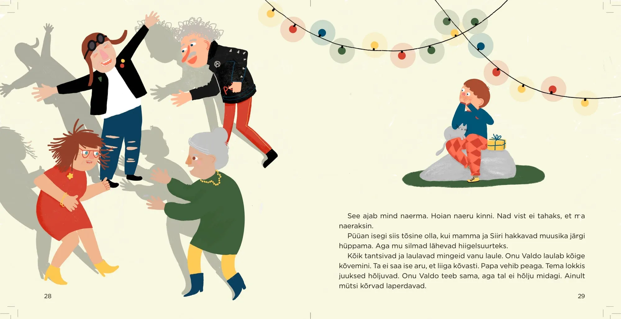 A boy sits on a rock with a cat and a wrapped present, watching the adults dance beneath party lights