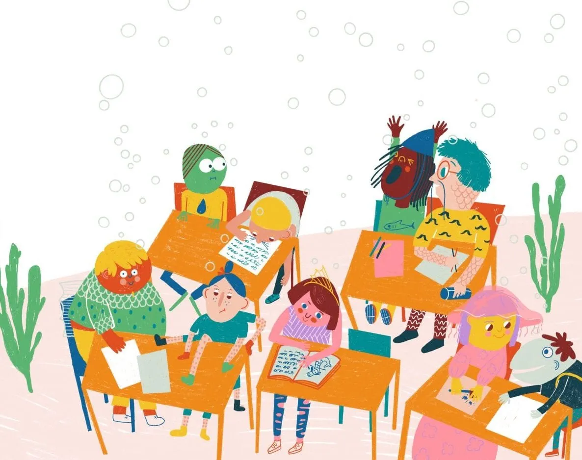 An underwater classroom of children and sea creatures at orange desks among bubbles and seaweed