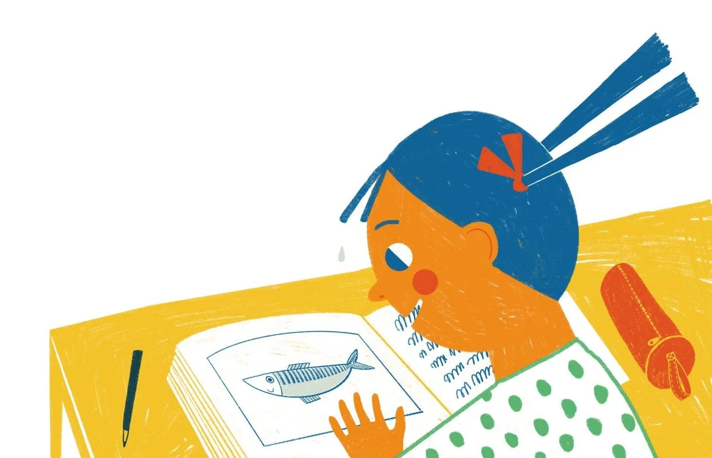 Girl with blue hair leans over an exercise book showing a drawn fish, a tear on her cheek