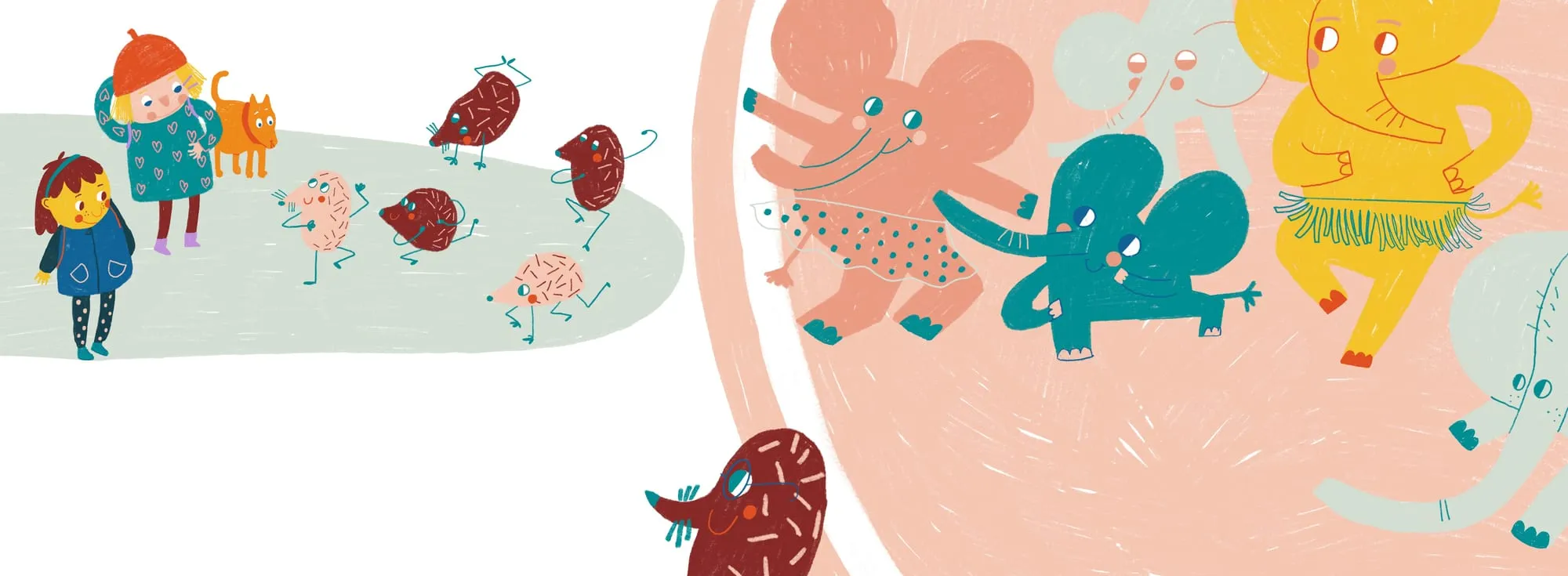Hedgehogs marching on hind legs past two children, with pink and teal elephants dancing alongside