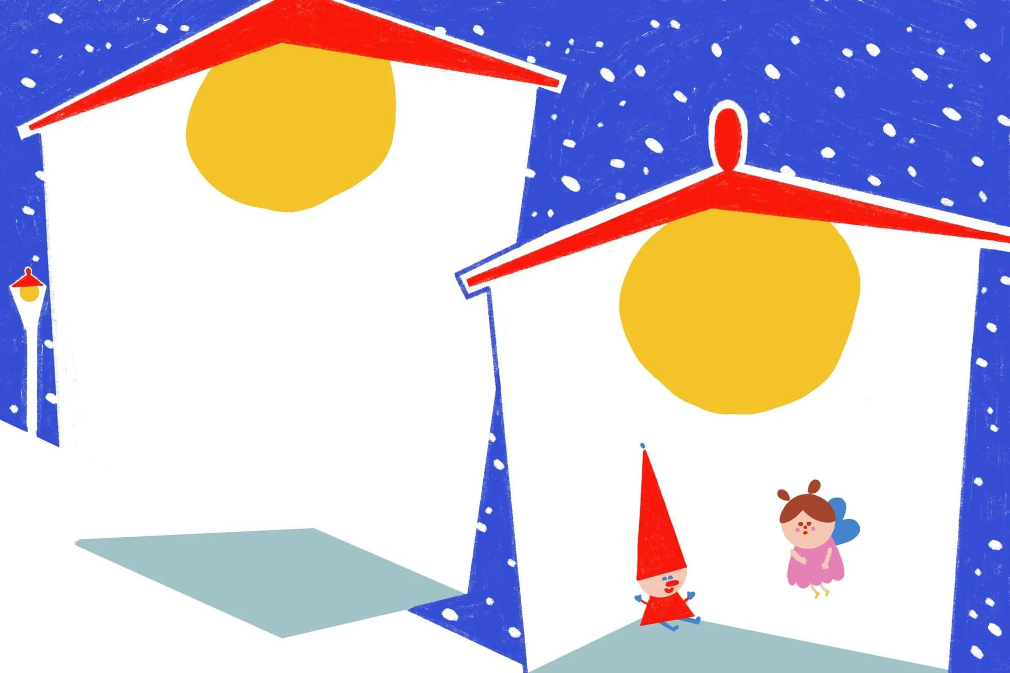 A red-hatted elf and a pink winged fairy in falling snow beside white houses with glowing round windows
