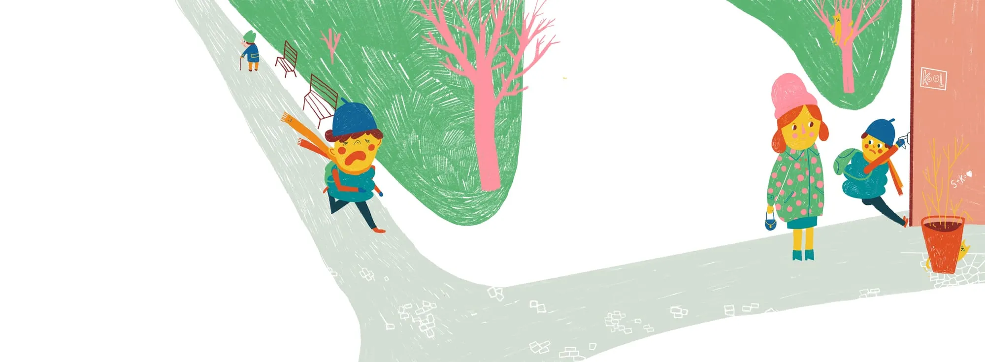 Tearful boy hurries along a park path past green trees while two figures linger by the school wall