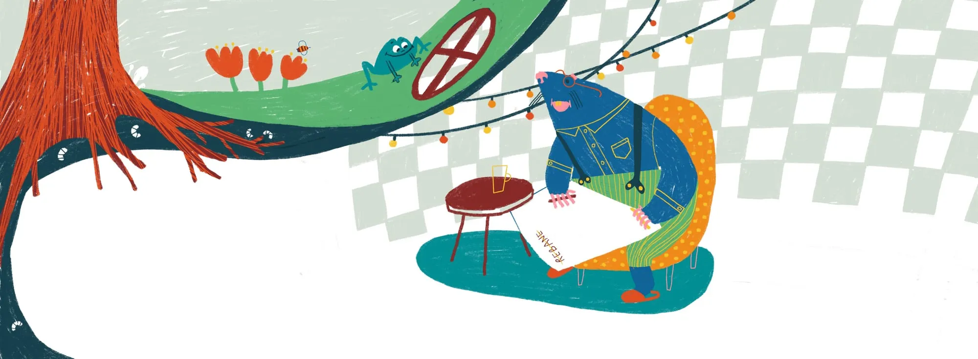 Bespectacled mole reading in his burrow while above ground a frog sits among red tulips