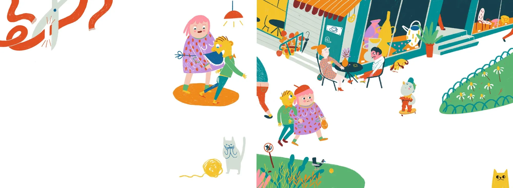 Street scene with a cafe terrace, a skateboarding cat and a white cat unravelling yellow yarn