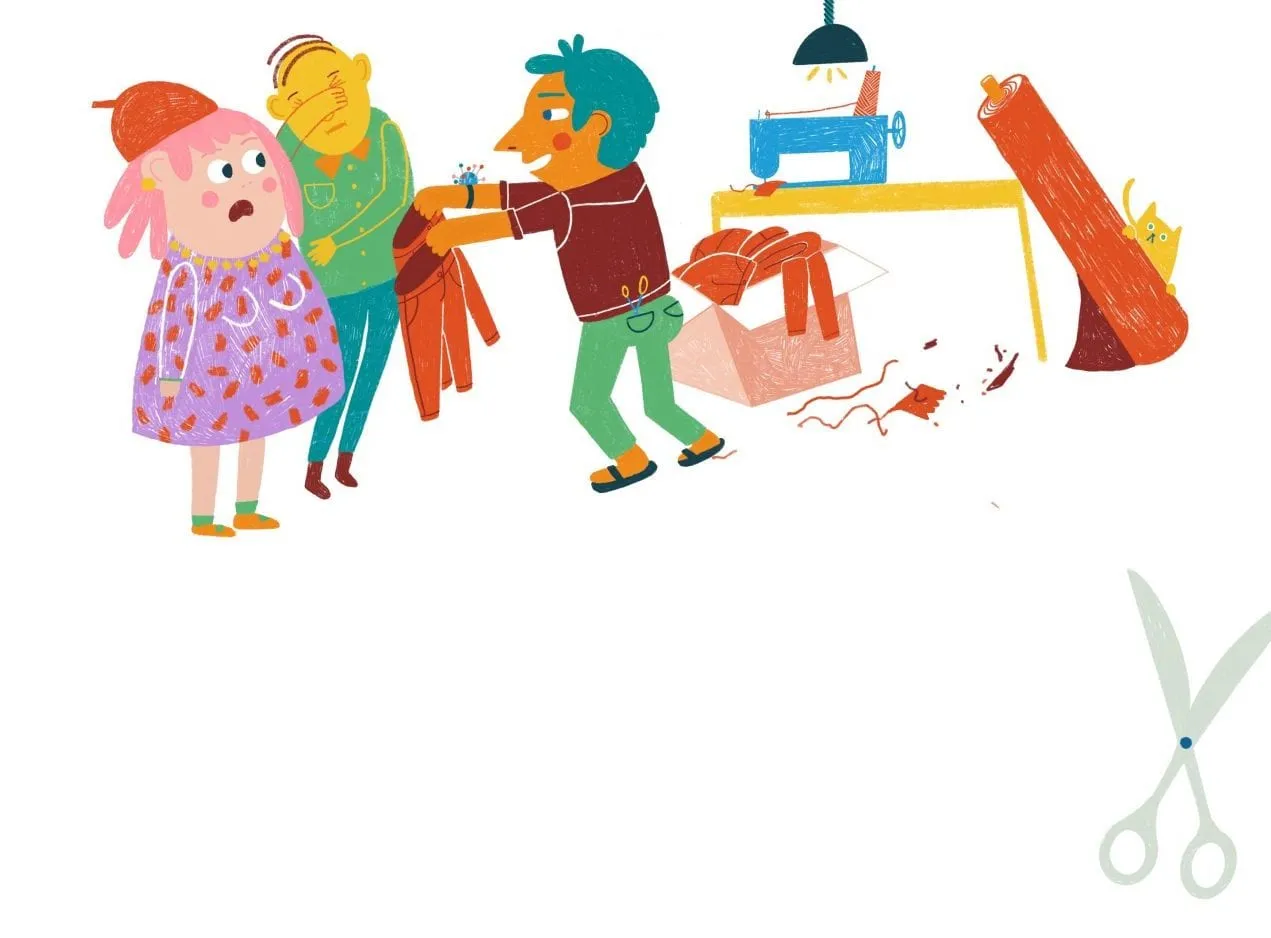 In a tailor's workroom a man fits an orange coat while a girl in a purple dress looks alarmed
