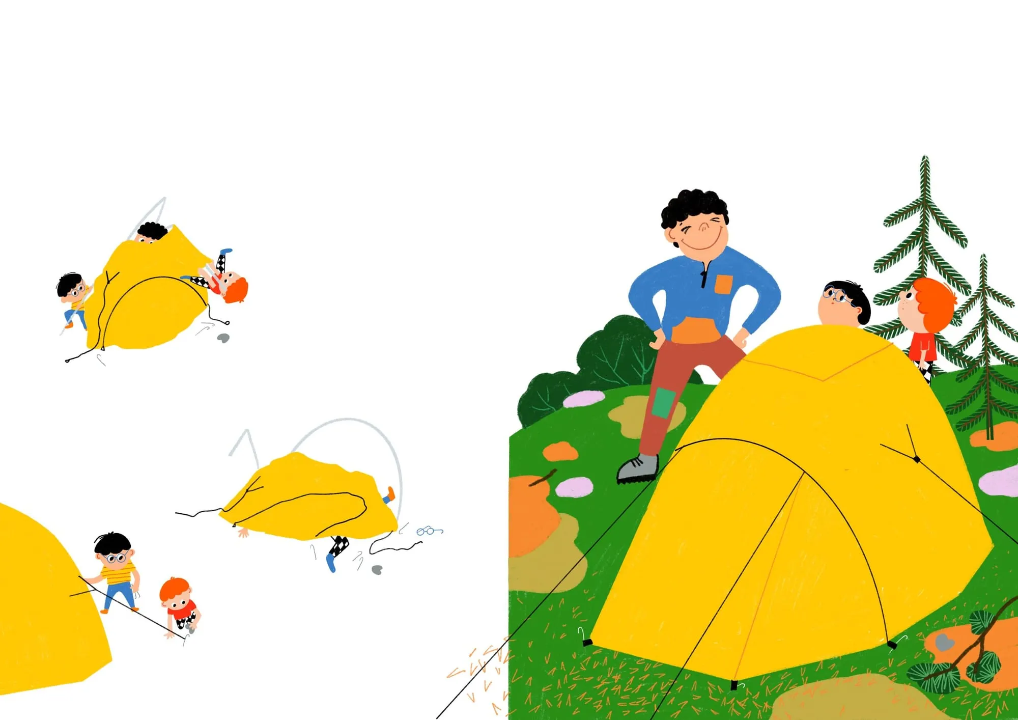 Small vignettes of boys tangled in a collapsing tent, beside a grinning man posing at the pitched one