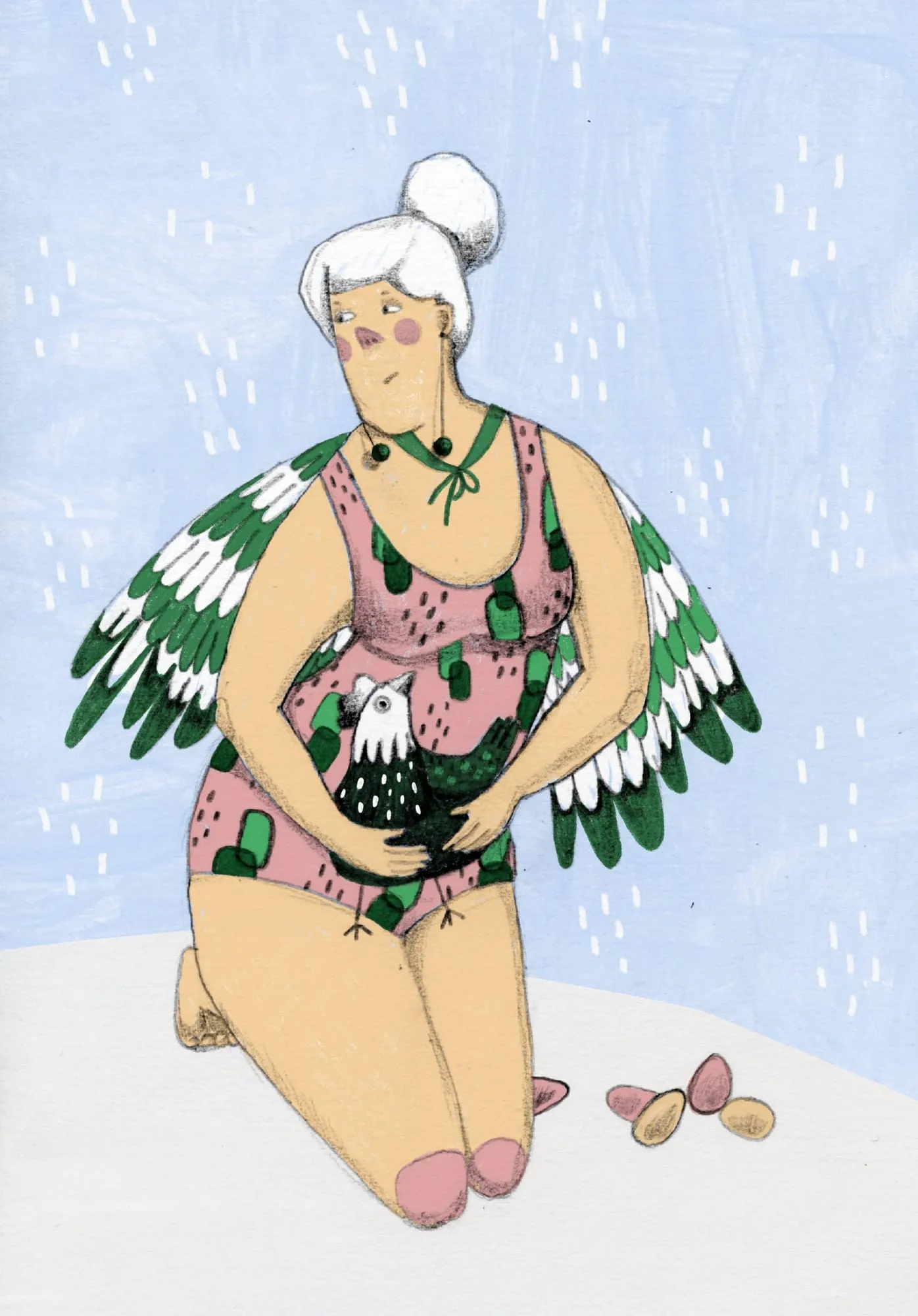 White-haired woman with green-and-white wings kneels in falling snow, cradling a speckled hen