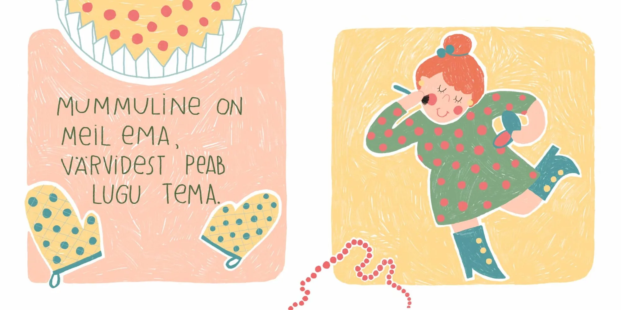 Red-haired mother in a green polka-dot dress applies mascara mid-stride, beside spotted yellow oven mitts