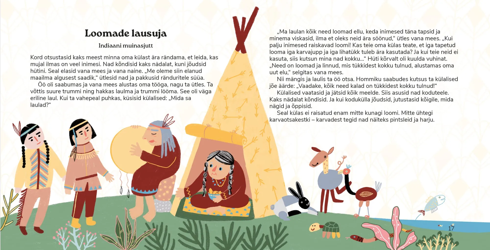 Two travellers watch an elder beat a drum outside a tipi as a rabbit, deer, turtle and fish gather