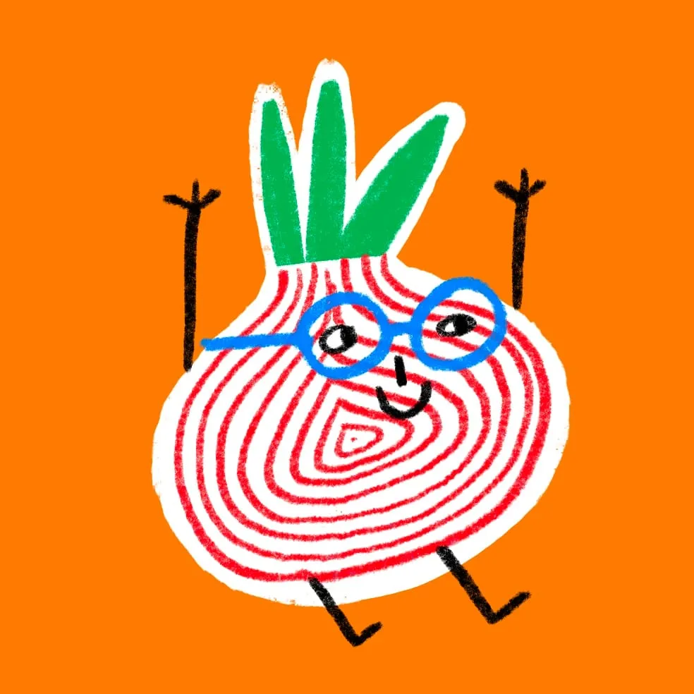 Red onion sliced to concentric rings, in round blue glasses, both arms flung up