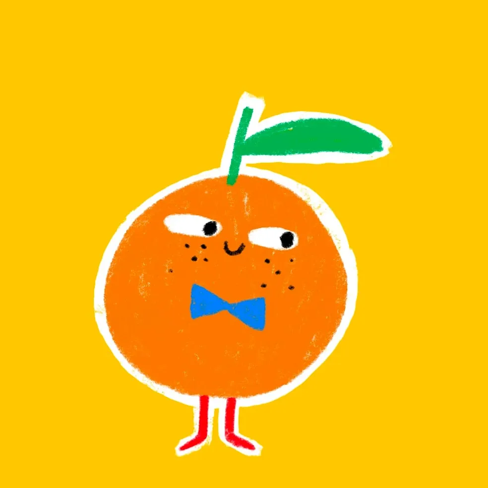 Freckled orange with one green leaf, a blue bow tie and thin red legs