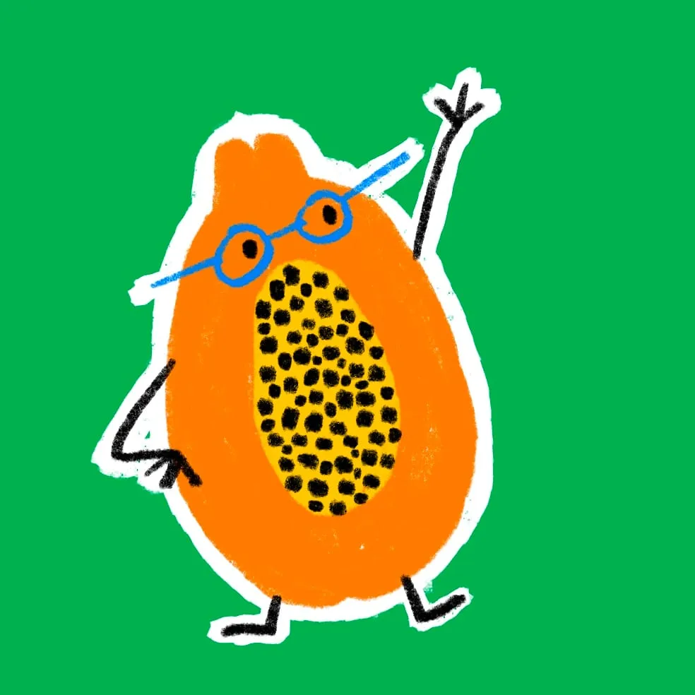 Halved papaya with a cluster of black seeds, blue spectacles, one arm raised in a wave