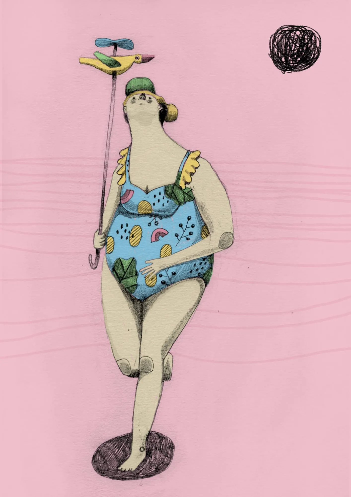 Bather in a blue patterned swimsuit holds a cane topped by a yellow bird, on flat pink ground
