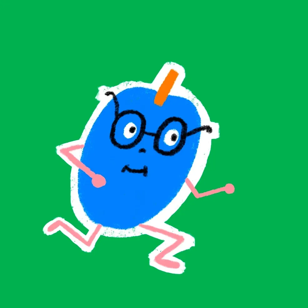 Blue plum in round black glasses with an orange stalk, running on pink zigzag legs