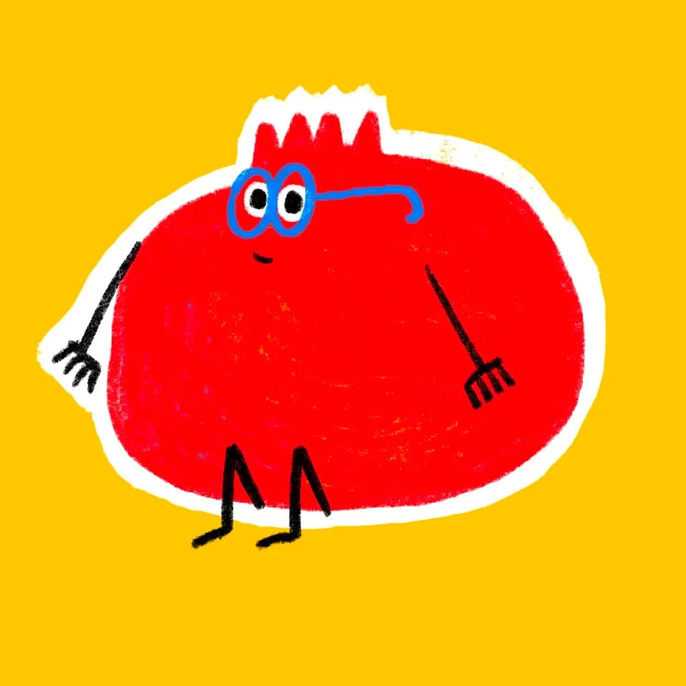 Broad red pomegranate with a crown-shaped crest and blue glasses on stick legs