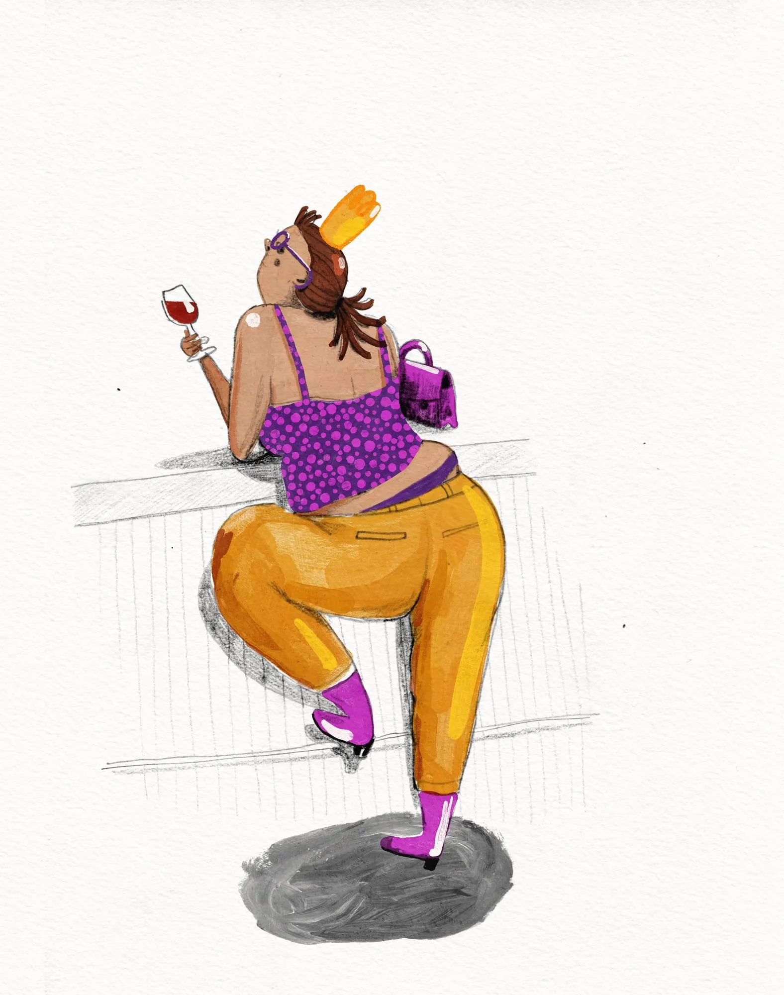 Woman in orange trousers and a purple top leans on a bar counter, wine glass raised, seen from behind