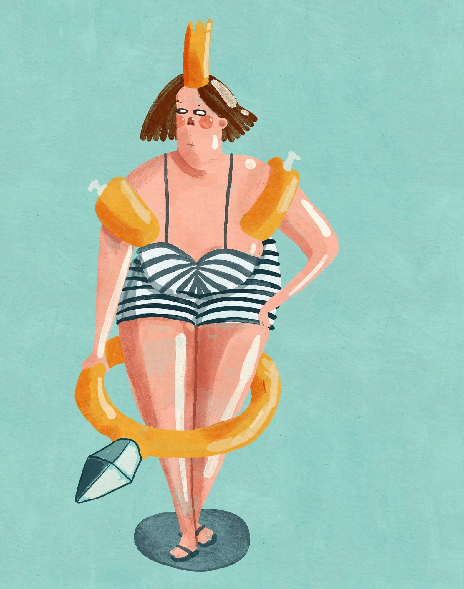 Bather in a striped suit with orange armbands and a swim ring, an anchor resting at her feet
