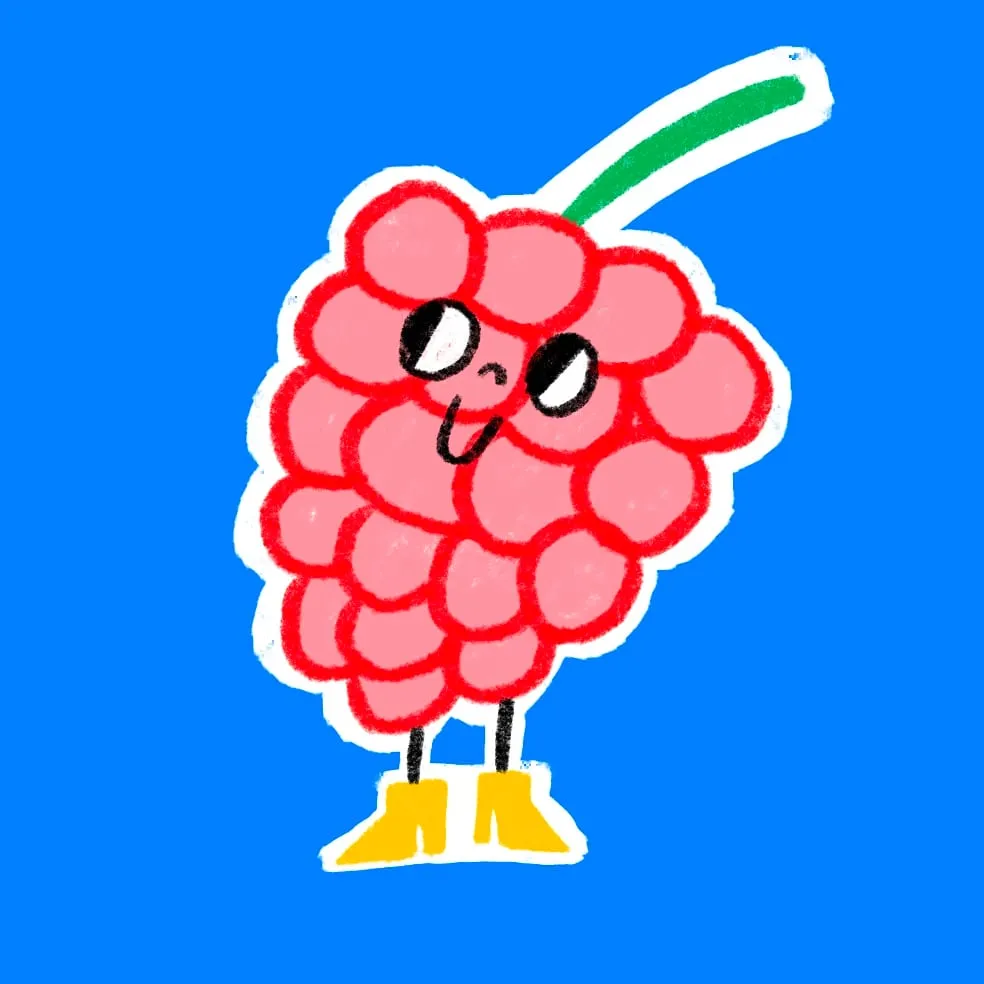 Pink raspberry of clustered drupelets with a green stalk, standing in yellow boots