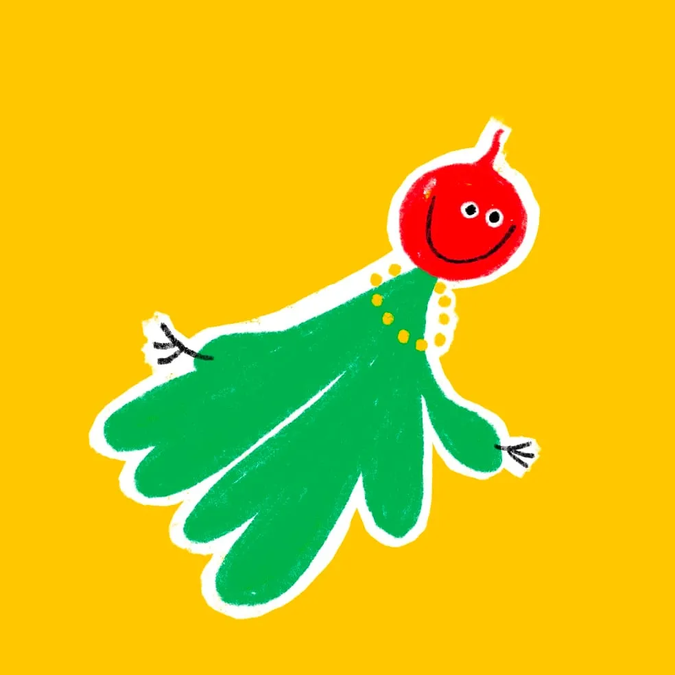Radish whose red bulb is a grinning head above a sweeping green leaf gown