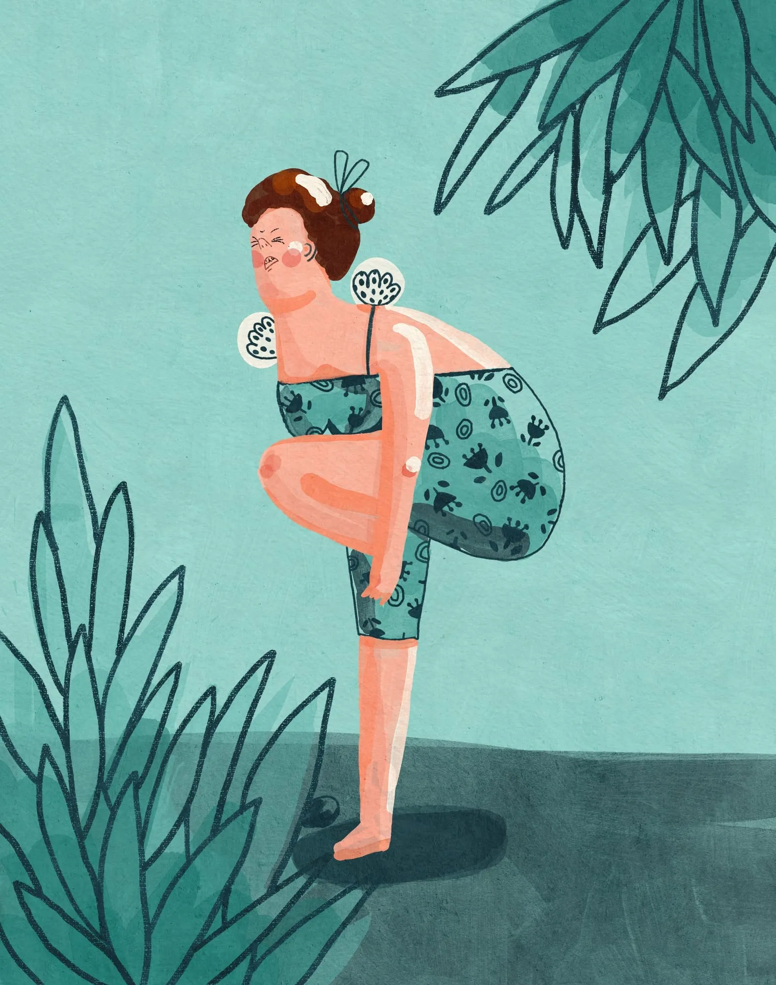 Woman in a leafy teal dress bends forward to catch her raised foot, among tropical plants