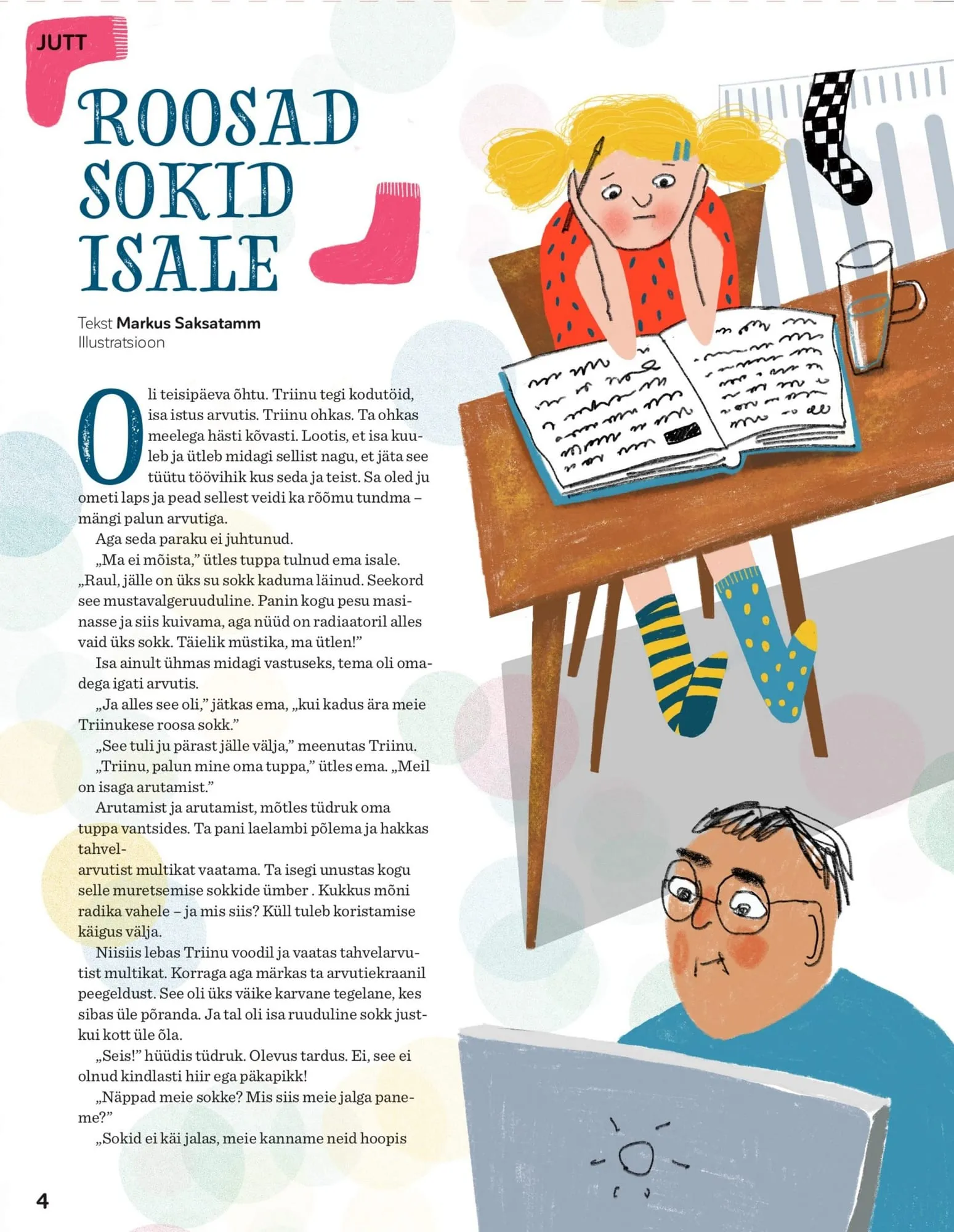A blonde girl slumps over her homework in odd socks while her father frowns behind a laptop