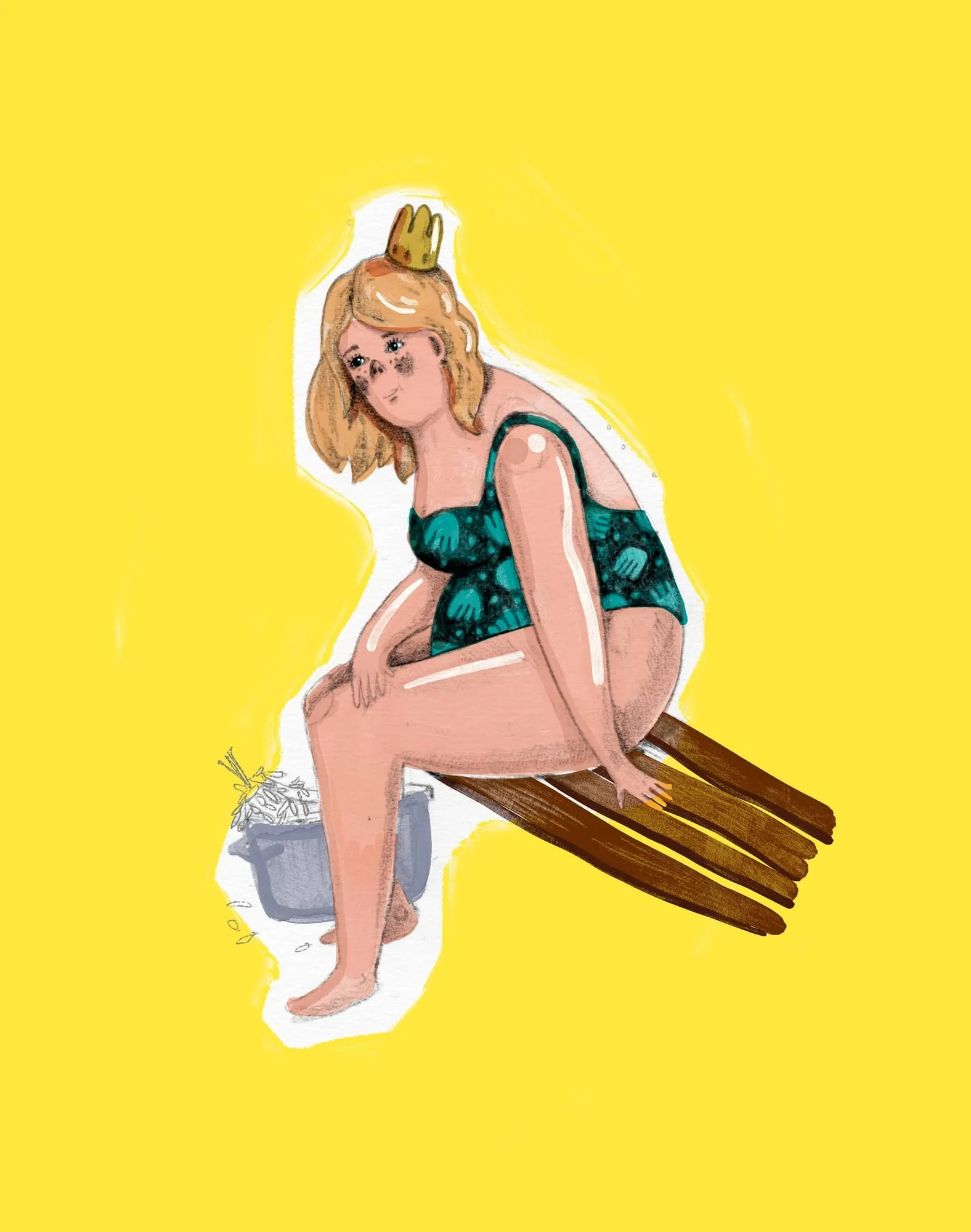 Woman in a green swimsuit and paper crown sits on sauna benches beside a bucket and birch whisk