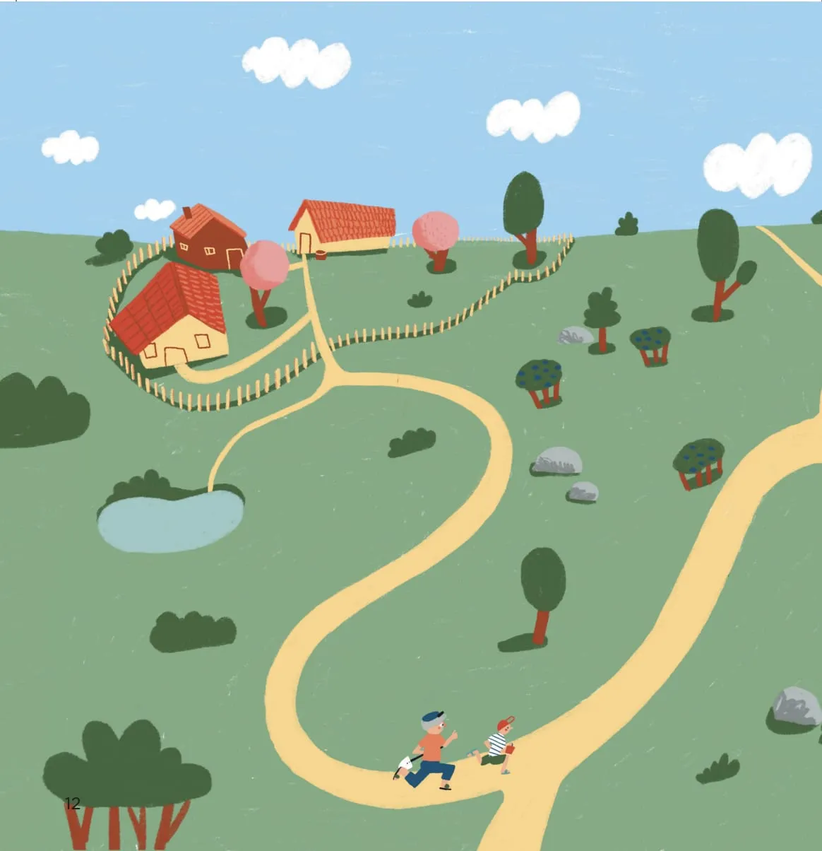 Aerial view of green countryside with red-roofed farmhouses, a pond and winding sandy roads, a man and boy walking